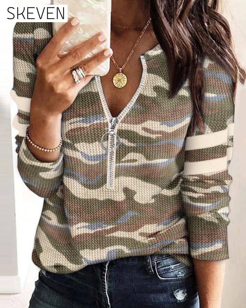 Half-Zip Camouflage Long-Sleeved Top