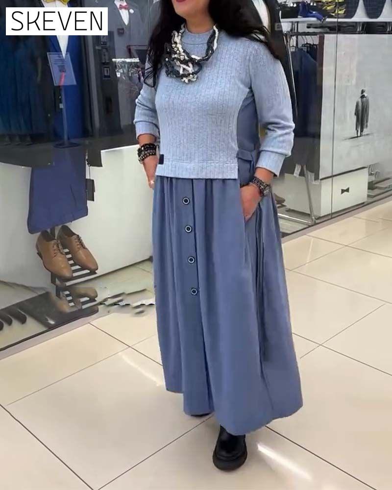 Casual Color-Blocked Round Neck Dress