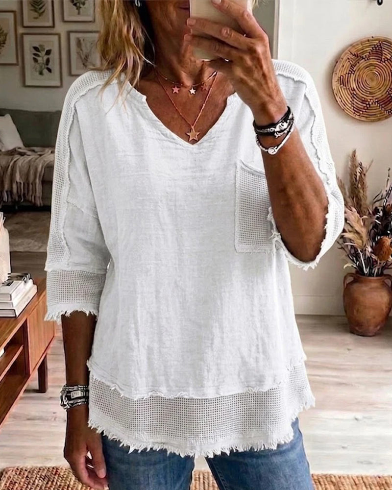 Raw-Edged Patchwork V-Neck Solid Color Blouse