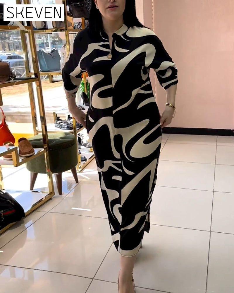 Contrast color casual printed dress
