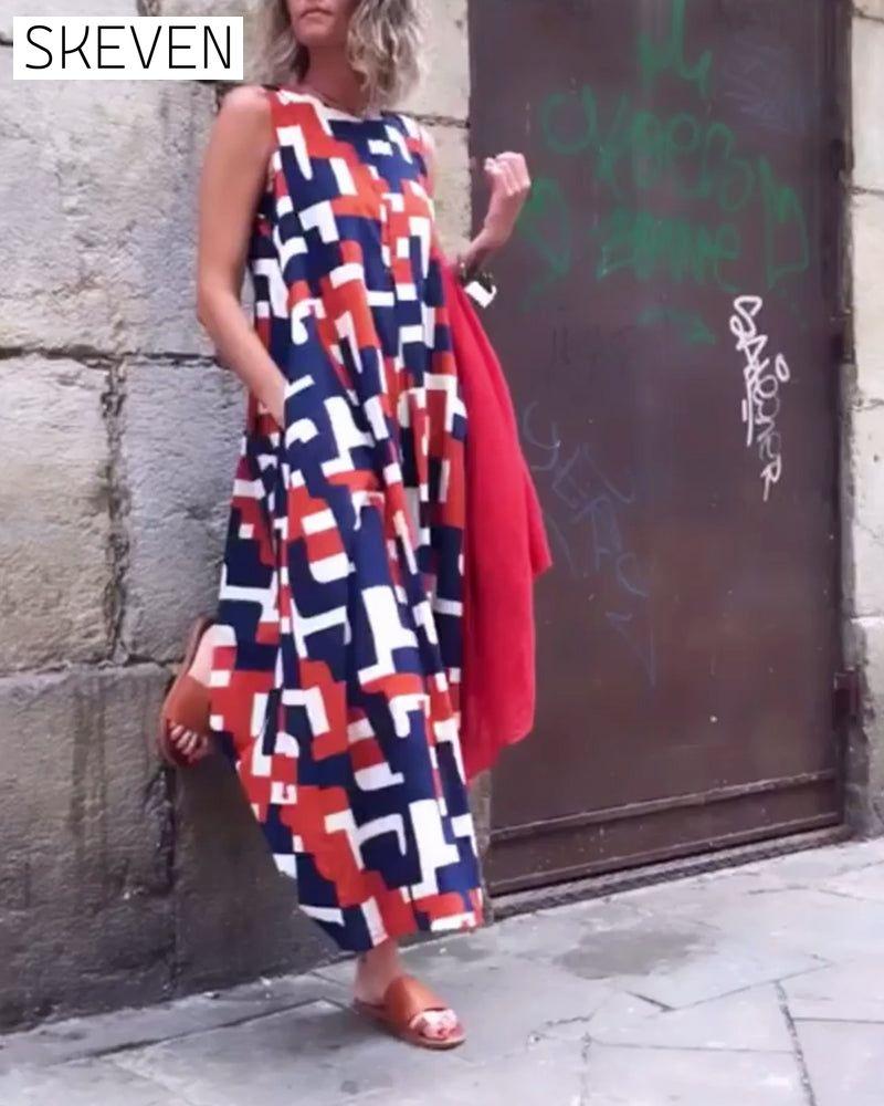 Geometric print sleeveless pocket dress