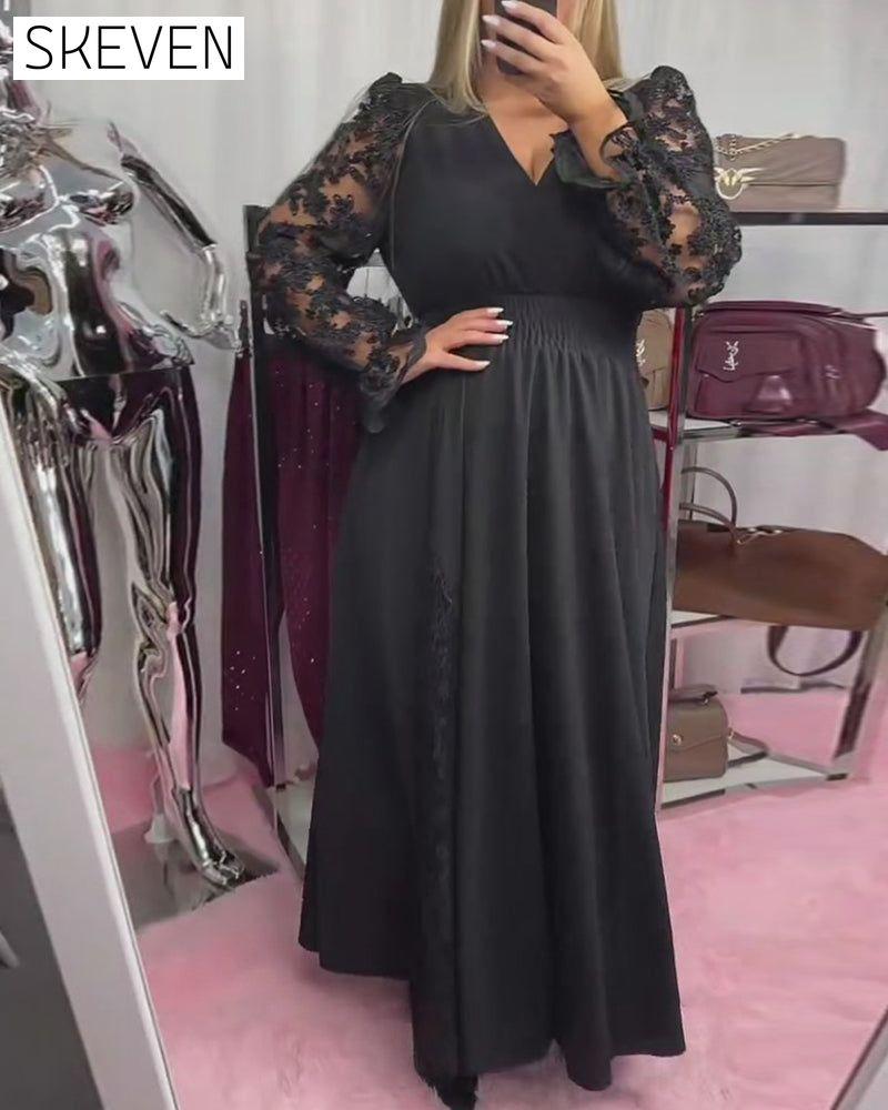 Lace Stitching V-Neck A Hem Dress
