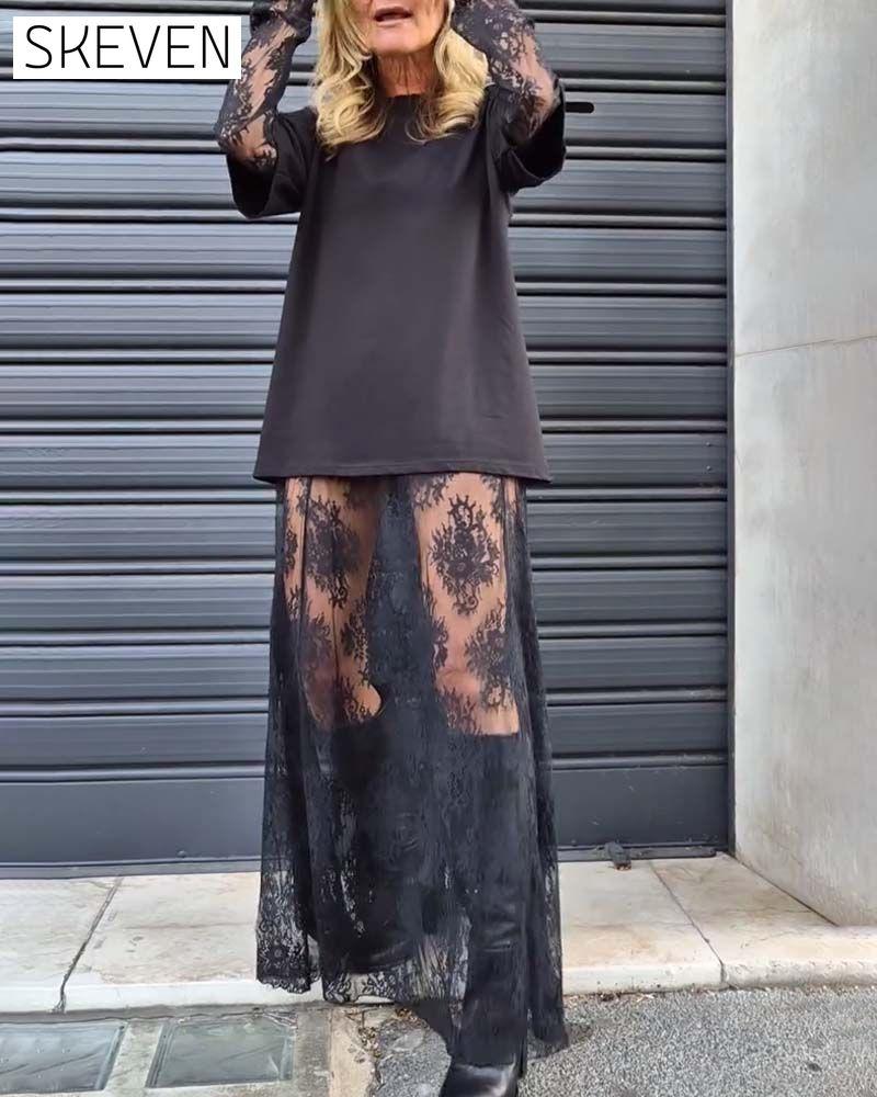 Ensemble deux pièces - t-shirt uni et jupe en dentelle