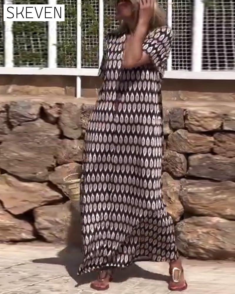 Robe longue droite imprimée à col en V et manches courtes