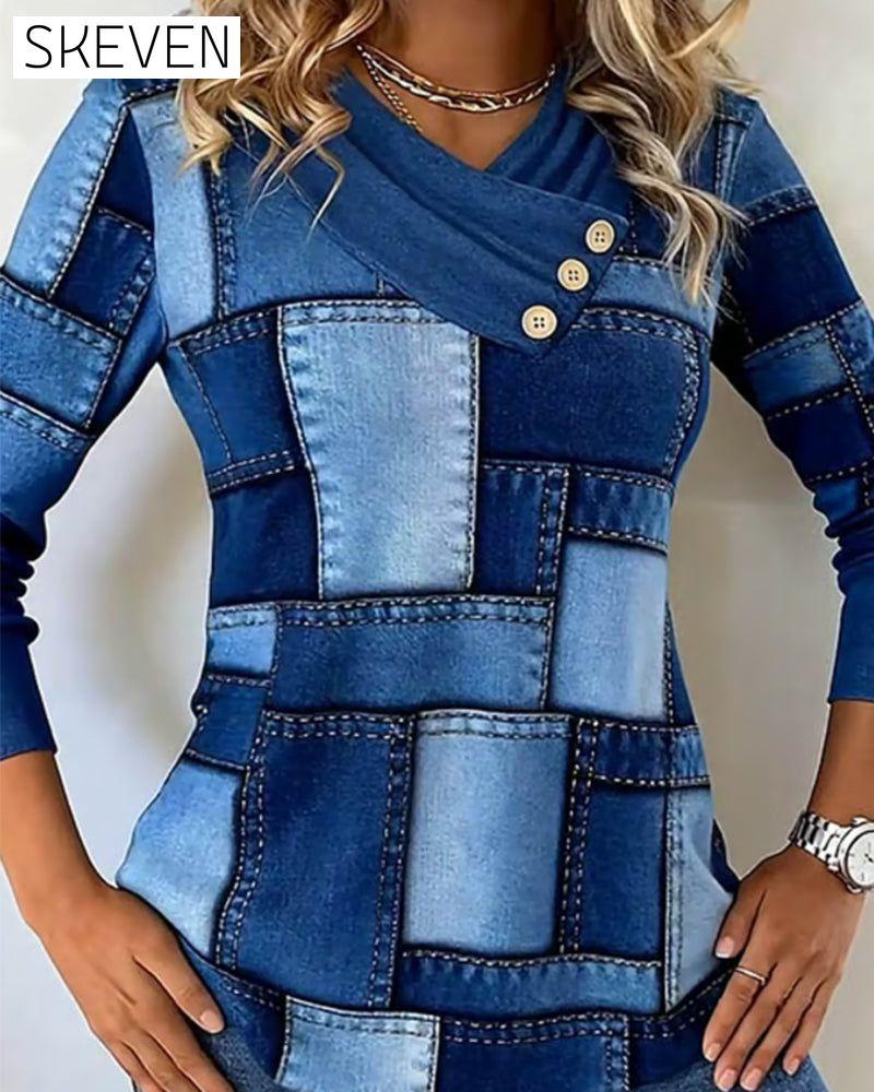Langarmshirt mit V-Ausschnitt und kontrastierender Farbe