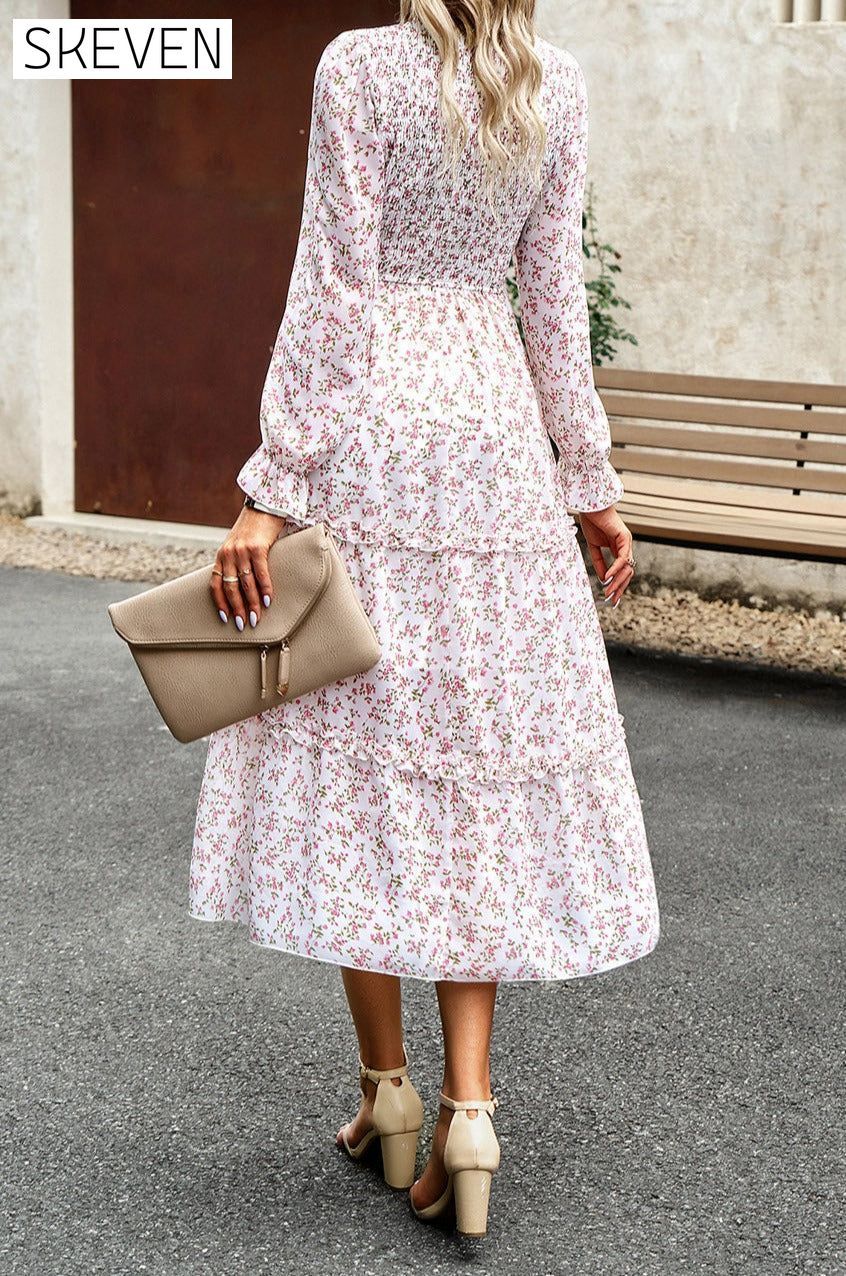 Smocked Flounce Sleeve Midi Dress clothes DY Ship From Overseas trendsi