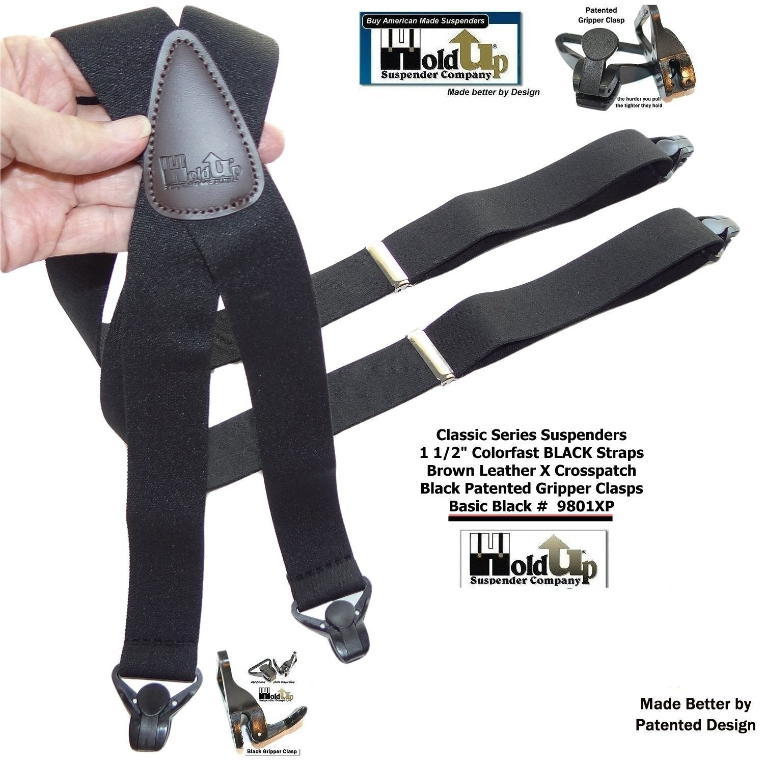 Holdup Brand 1 1/2" Wide Classic Series Basic Black X-back Suspenders With Black Gripper Clasps