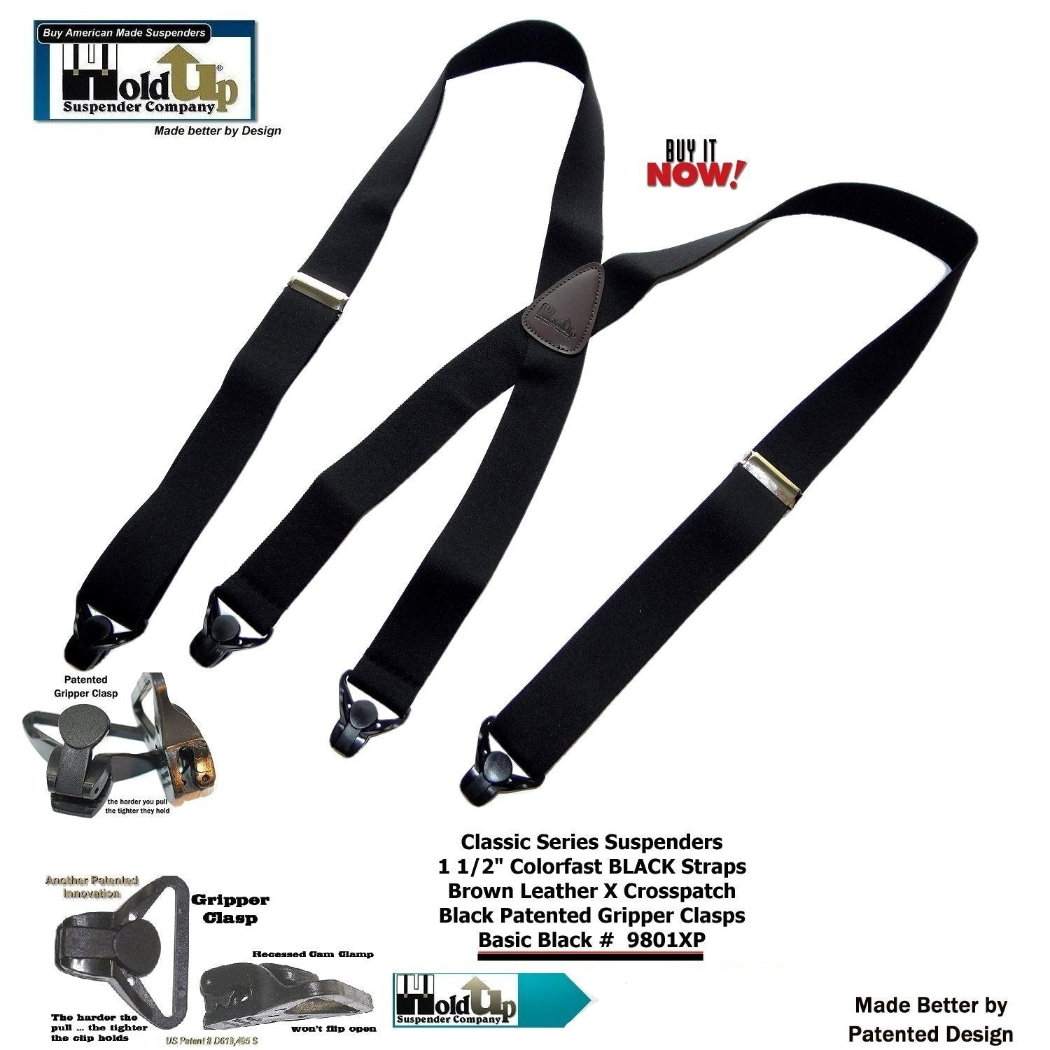 Holdup Brand 1 1/2" Wide Classic Series Basic Black X-back Suspenders With Black Gripper Clasps