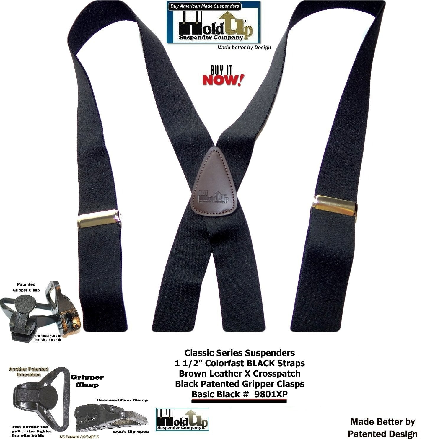Holdup Brand 1 1/2" Wide Classic Series Basic Black X-back Suspenders With Black Gripper Clasps