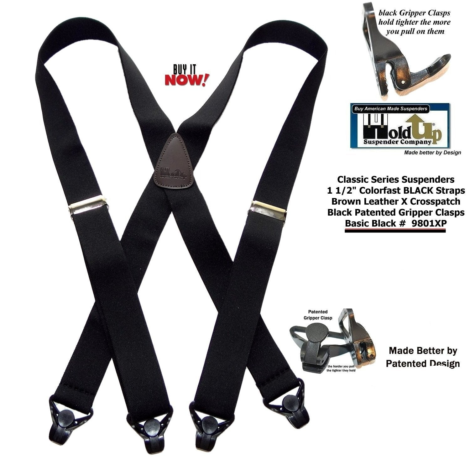 Holdup Brand 1 1/2" Wide Classic Series Basic Black X-back Suspenders With Black Gripper Clasps