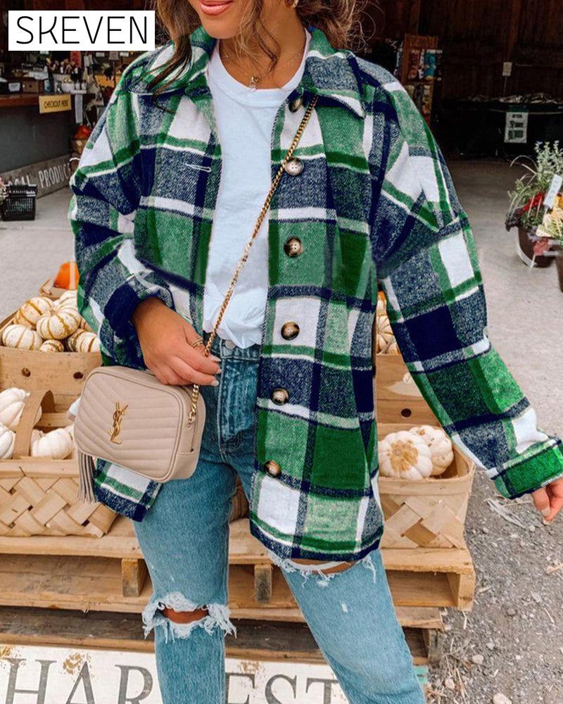 Casual plaid print button lapel jacket