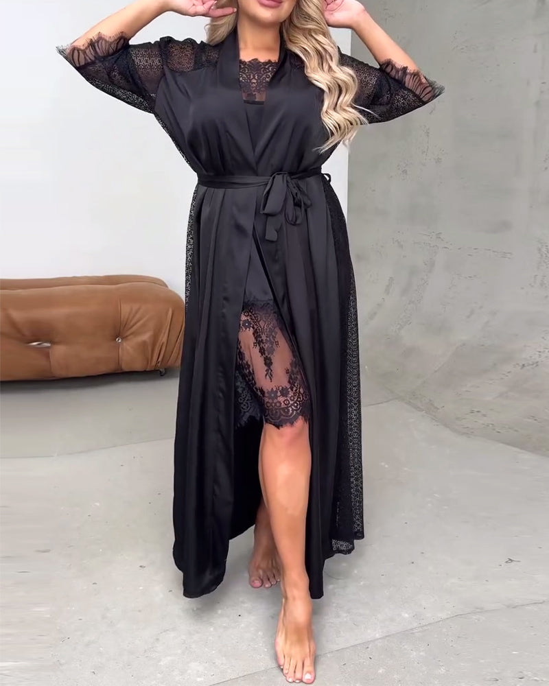 Pure Color Lace Splicing Slip Set