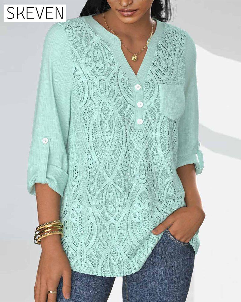Solid color pleated sleeve button lace casual blouse