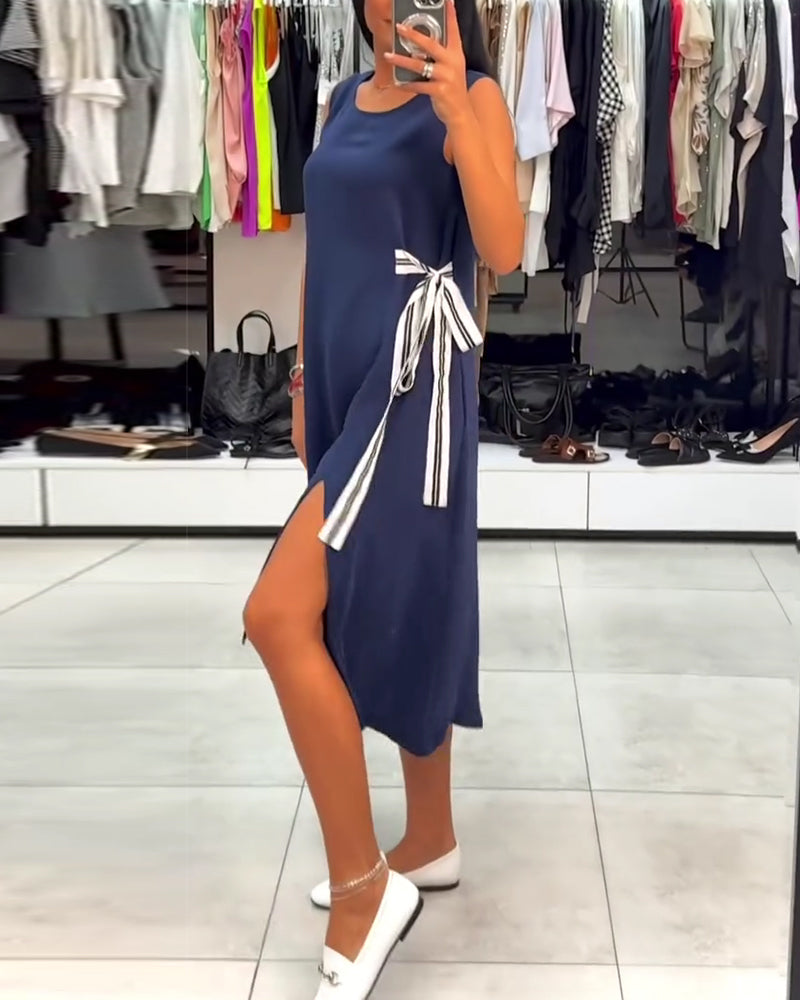 Irregular Solid Color Slit Sleeveless Dress