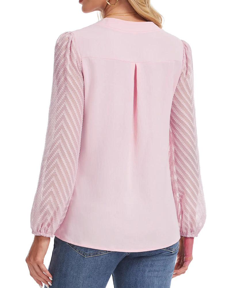 Stand Collar Long Sleeve Textured Mesh Blouse