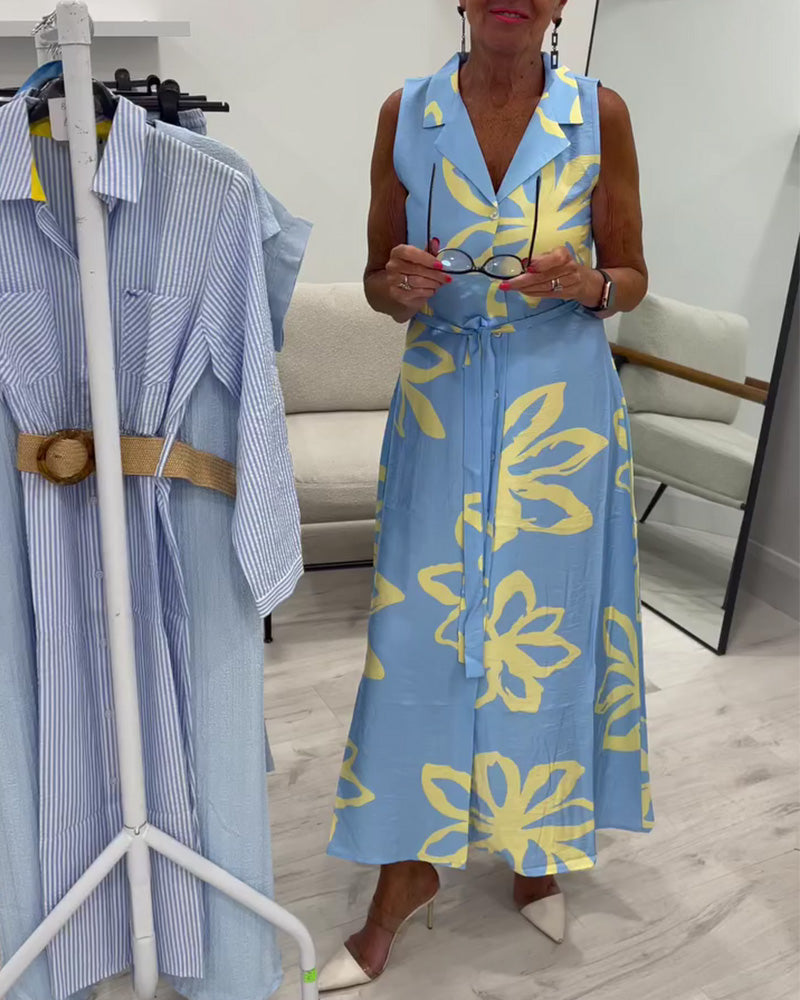 Sleeveless Lapel Lace-Up Floral Maxi Dress