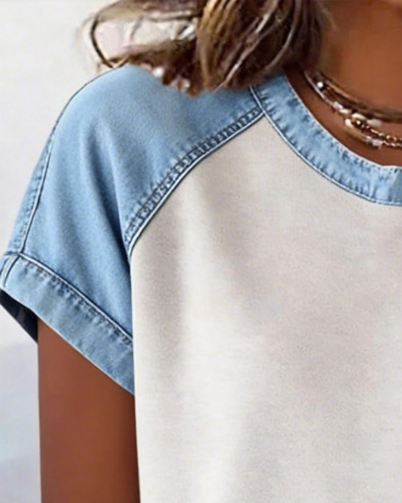 Casual Round Neck Spliced Denim Top
