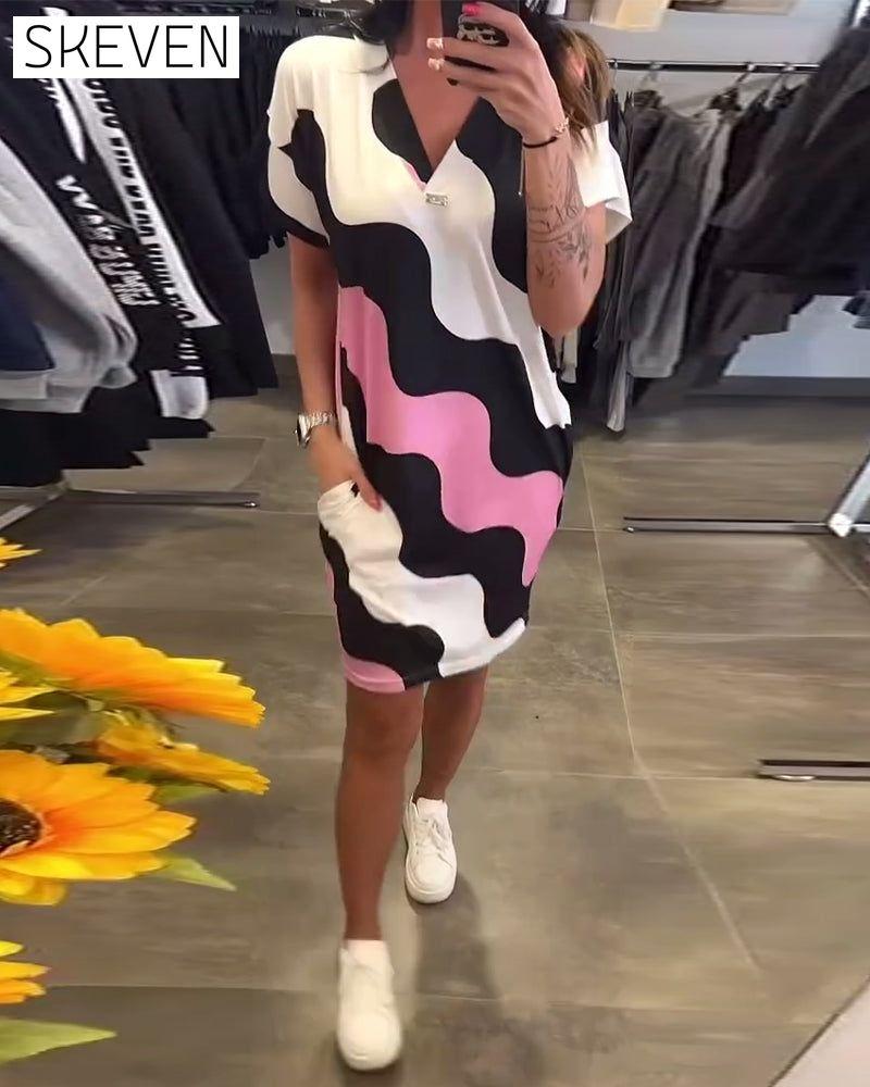 V-Neck Wave Print Dress