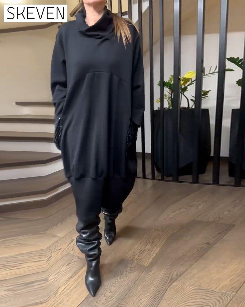 Paillettenbesetztes Sweatshirtkleid mit hohem Kragen und Taschen in Übergröße (Plus Size)
