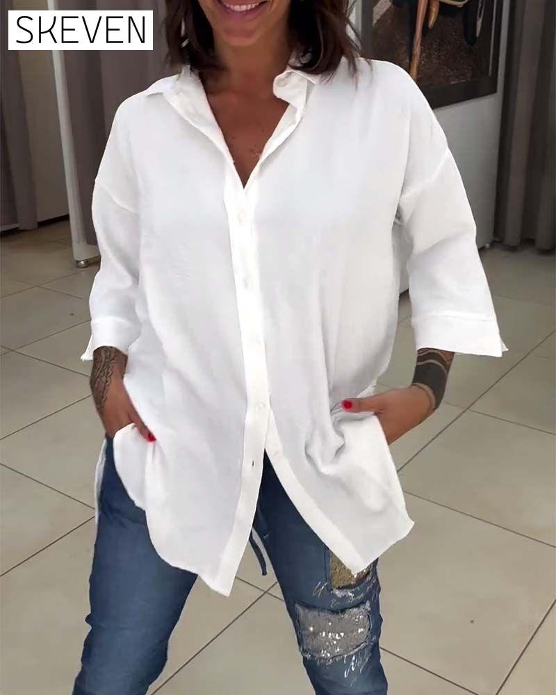 Lapel solid color button-down shirt