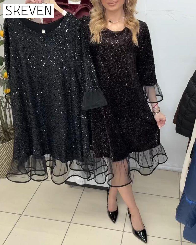 Flared Sleeve Sequined Fashion Dress