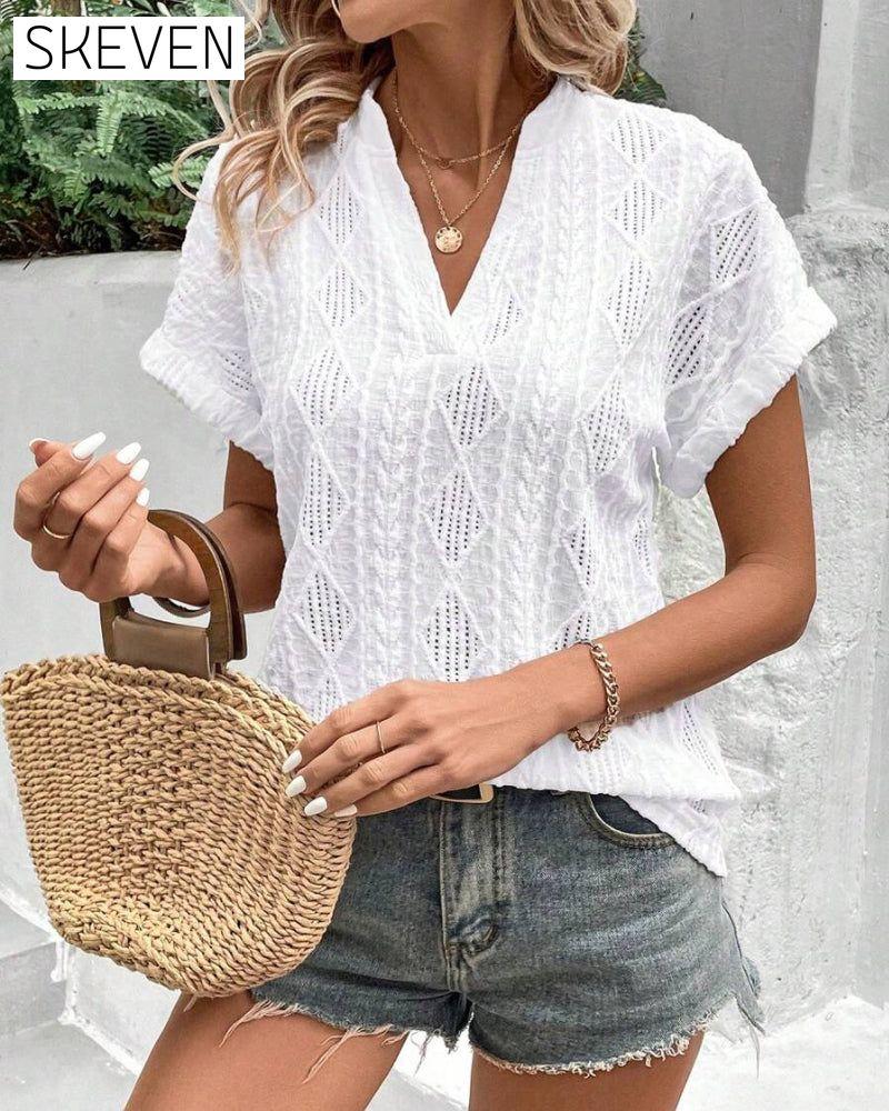 V-Neck Solid Color Hollow Breathable Blouse