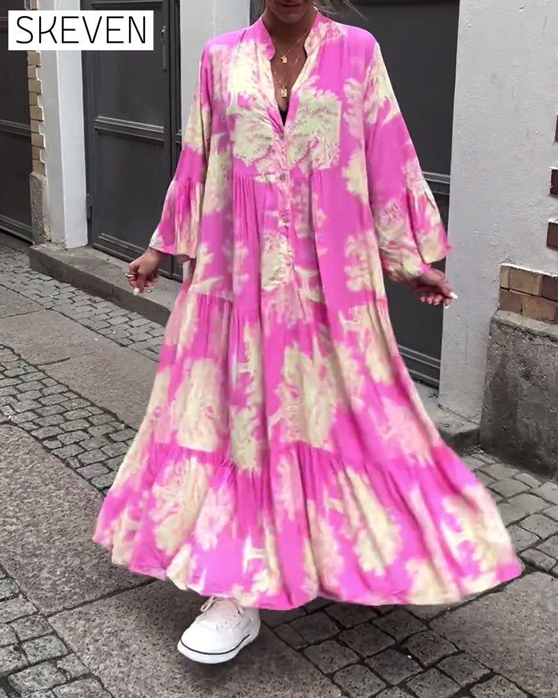 Loose printed V-neck bell sleeve patchwork dress
