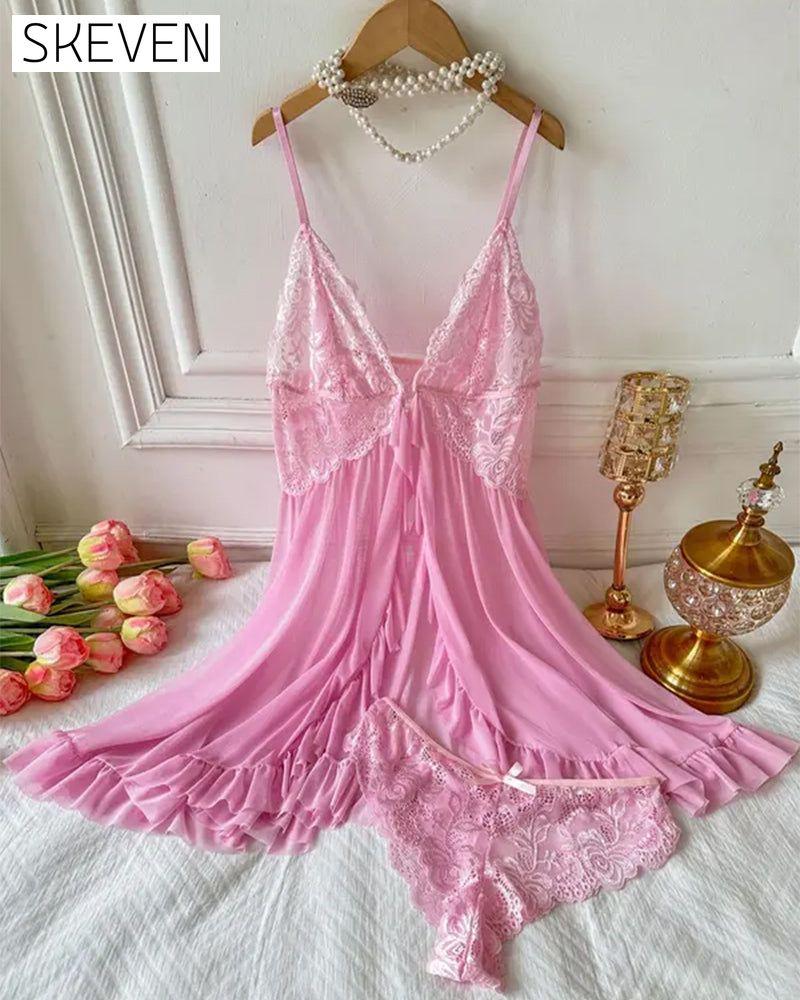 Ladies' Sexy Ruffle Trim Lace Cami Nightdress & Bow Decor Panty Set