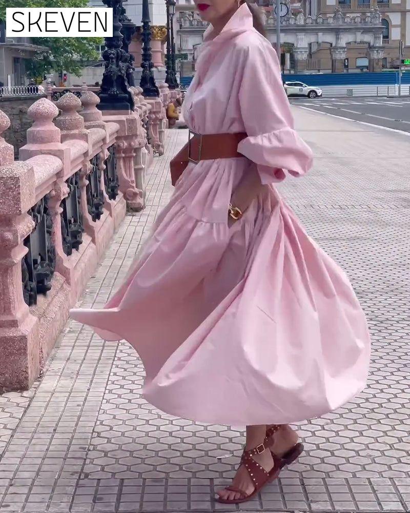 Solid color lapel wide swing dress 202466 casual dresses spring summer