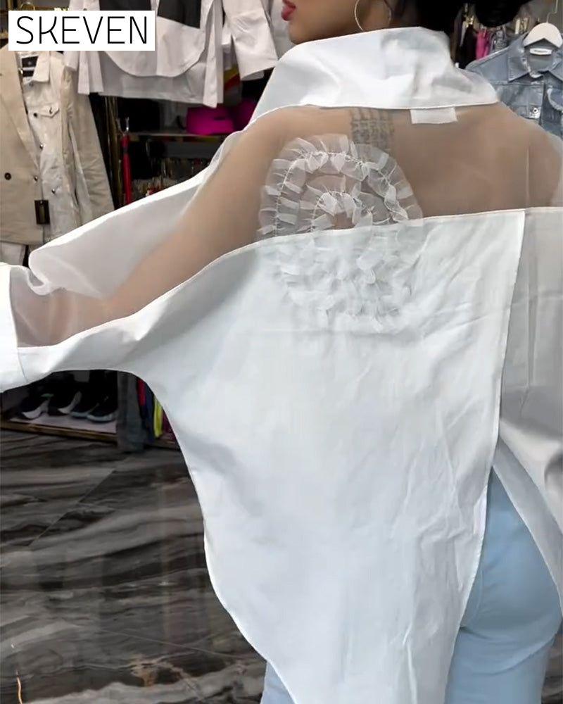 Lapel lace stitching flower blouse