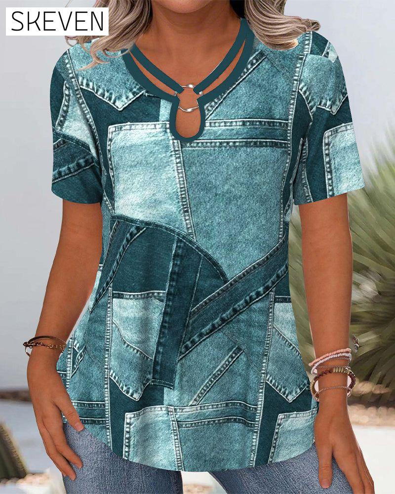 Vintage-Denimbluse mit Kontrastausschnitt