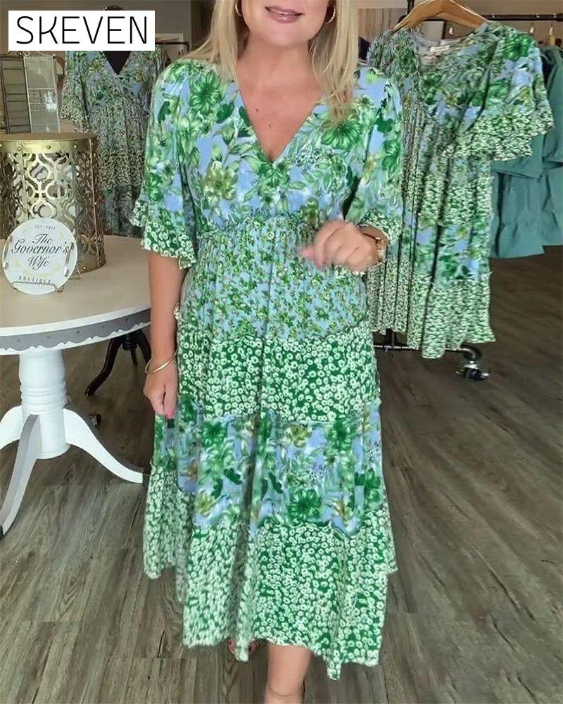 Blumenkleid mit V-Ausschnitt, Lotusärmeln