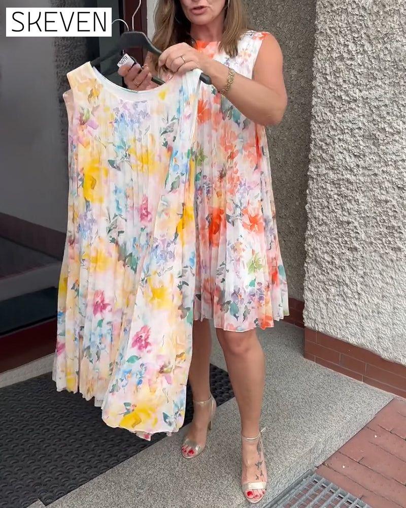 Sleeveless Pleated Floral Dress