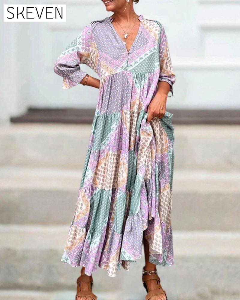 Color Block Print Dress with 3/4 Sleeves 23BF Casual Dresses Clothes Dresses Spring Summer