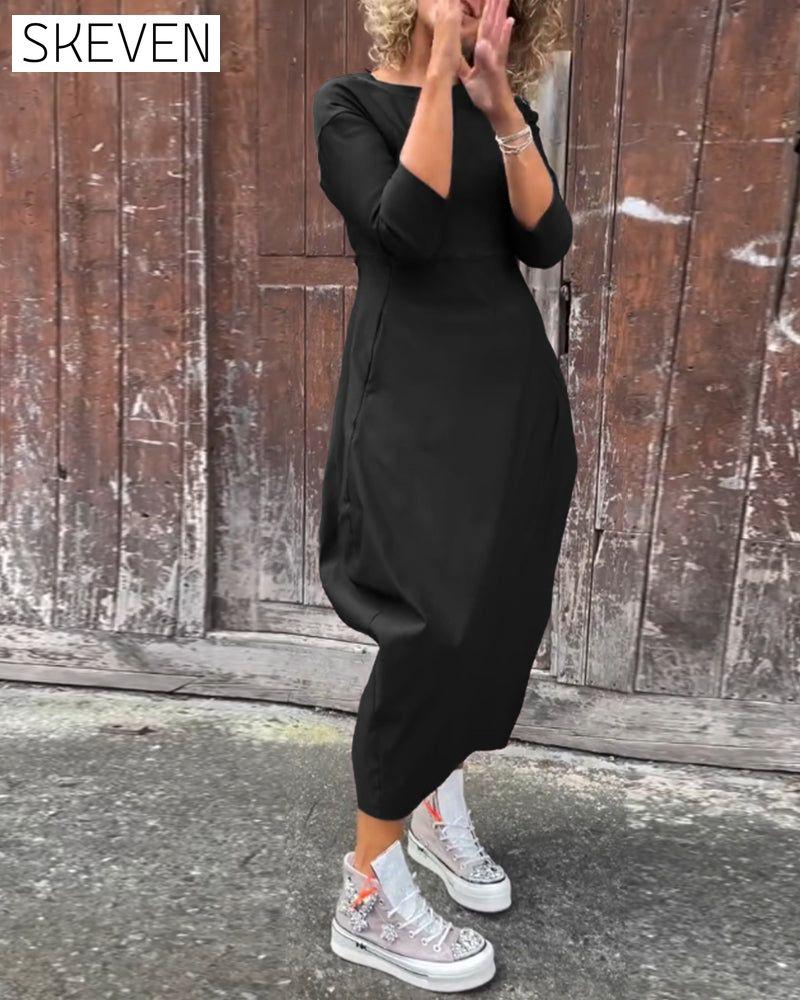 Simple solid color pocket long sleeve elegant dress