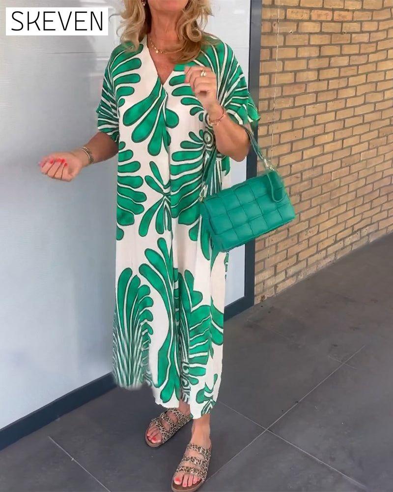 robe à col en V imprimée de feuilles