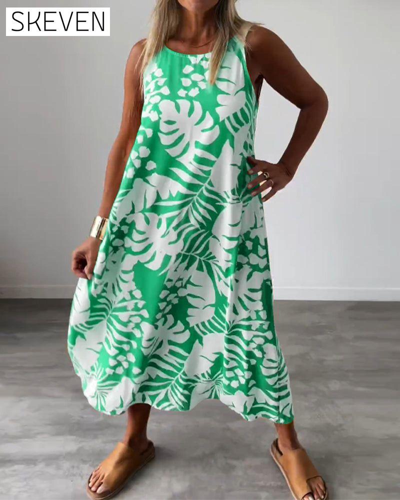 Leaf print casual sleeveless dress