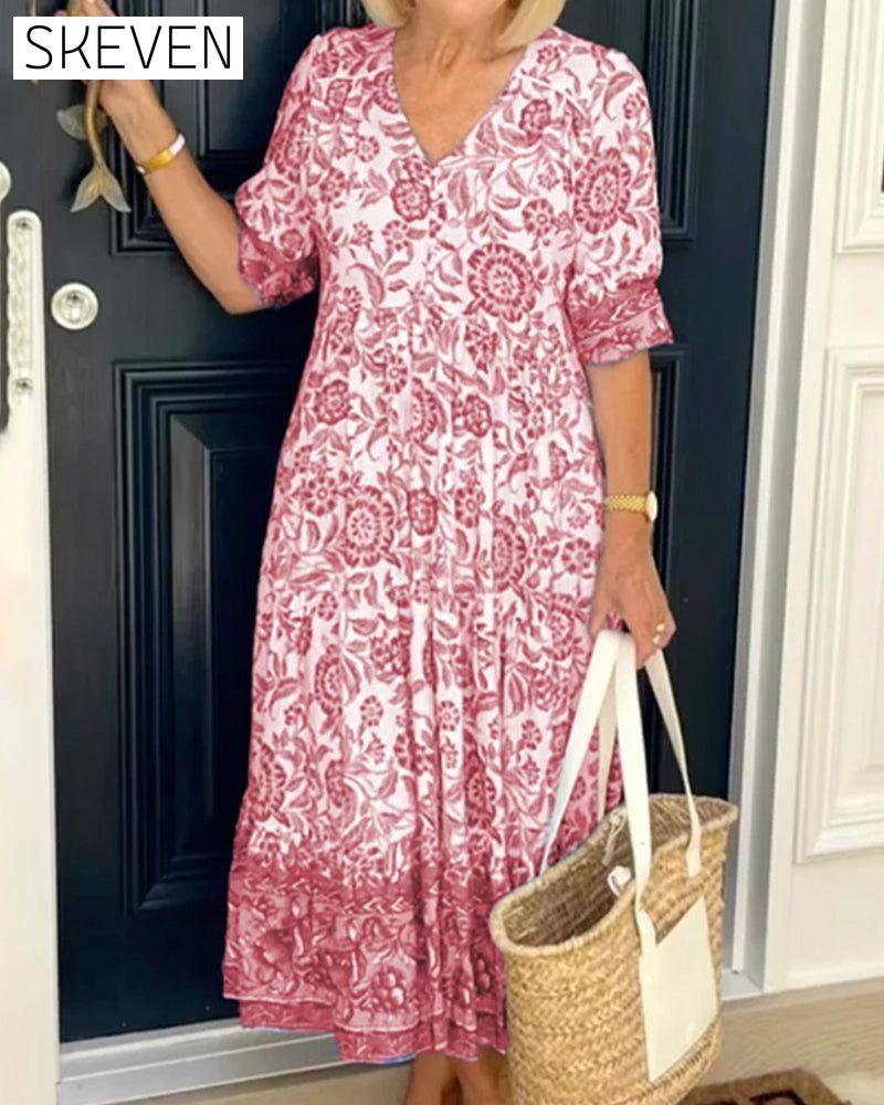 V Neck Blue Floral Print Dress Red 23BF Casual Dresses clothes dresses Spring Summer