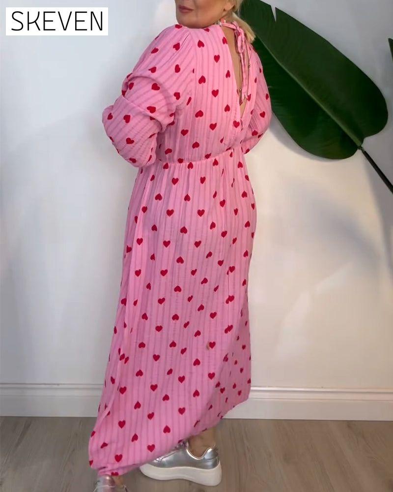 Robe élégante à col en V et imprimé cœur