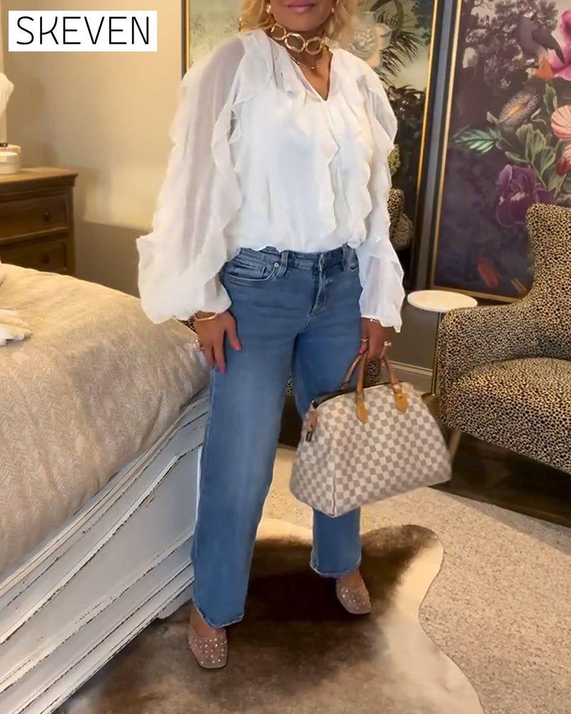 Ruffled Flowy Solid Color Shirt