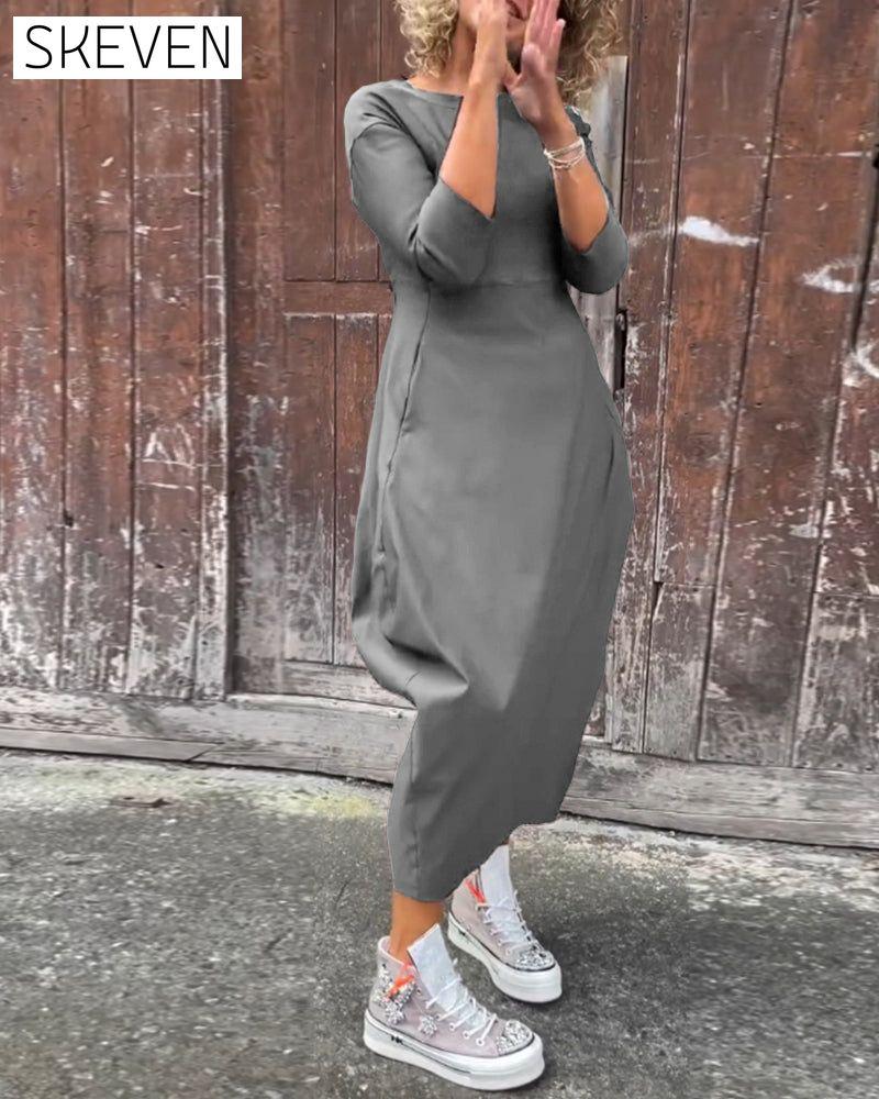 Simple solid color pocket long sleeve elegant dress