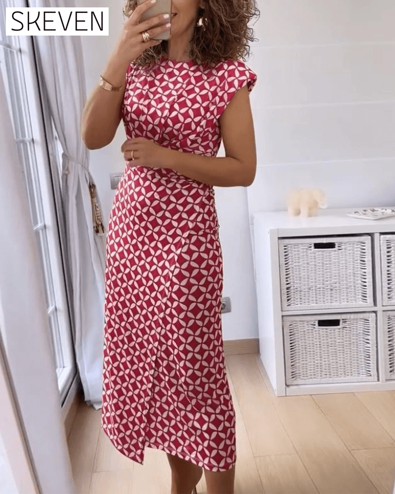 Geometric print round neck sleeveless elegant dress