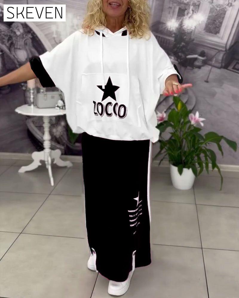 Hooded Drawstring Printed Skirt Set