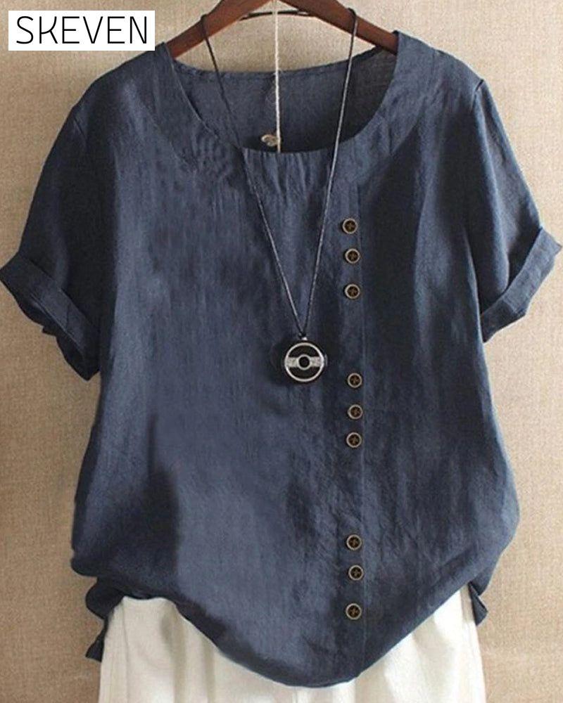 Solid Color Button Short Sleeve Top