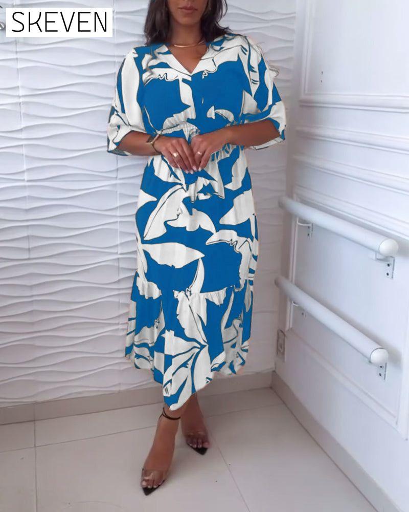 V-neck three-quarter sleeve drawstring elegant dress