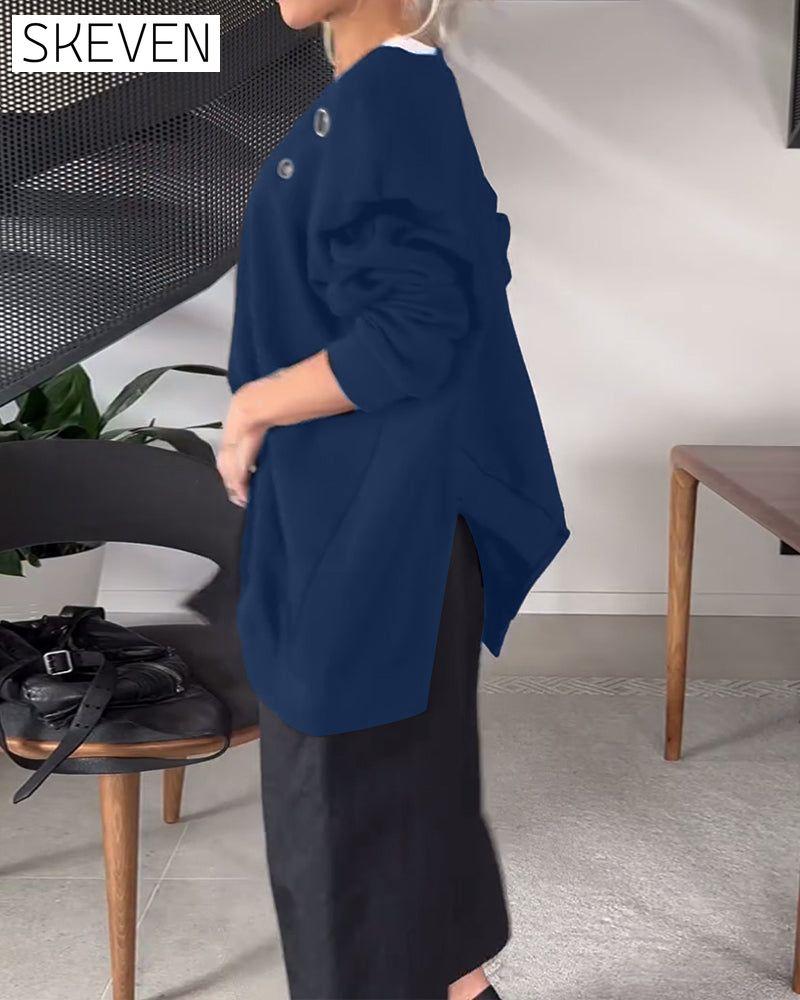 Lässiges Sweatshirt mit Rundhalsausschnitt und Schlitz in Unifarbe