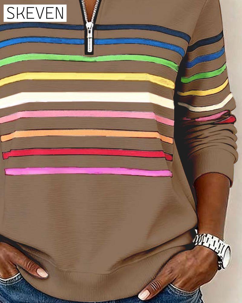 Modisches Sweatshirt mit Regenbogenstreifen und halbem Reißverschlusskragen