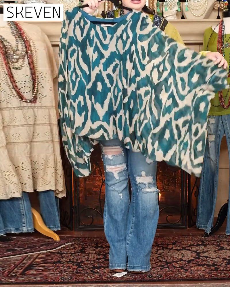 Batwing Sleeve Print Long Sleeve Blouse