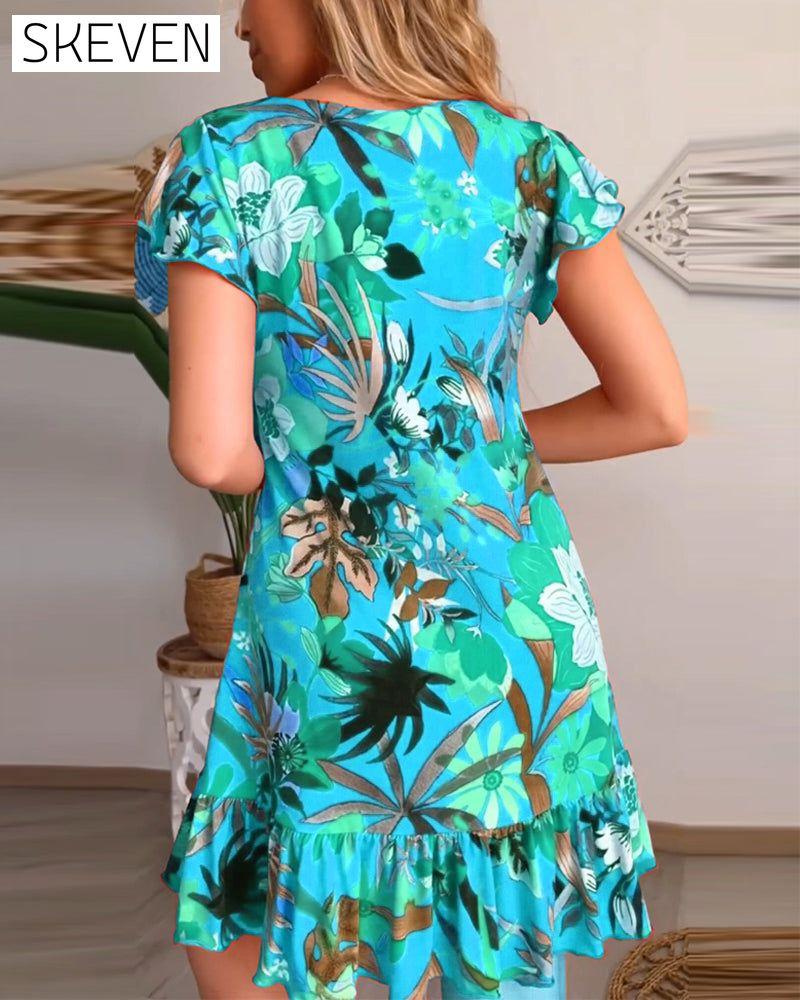 robe fleurie à col en V et à volants