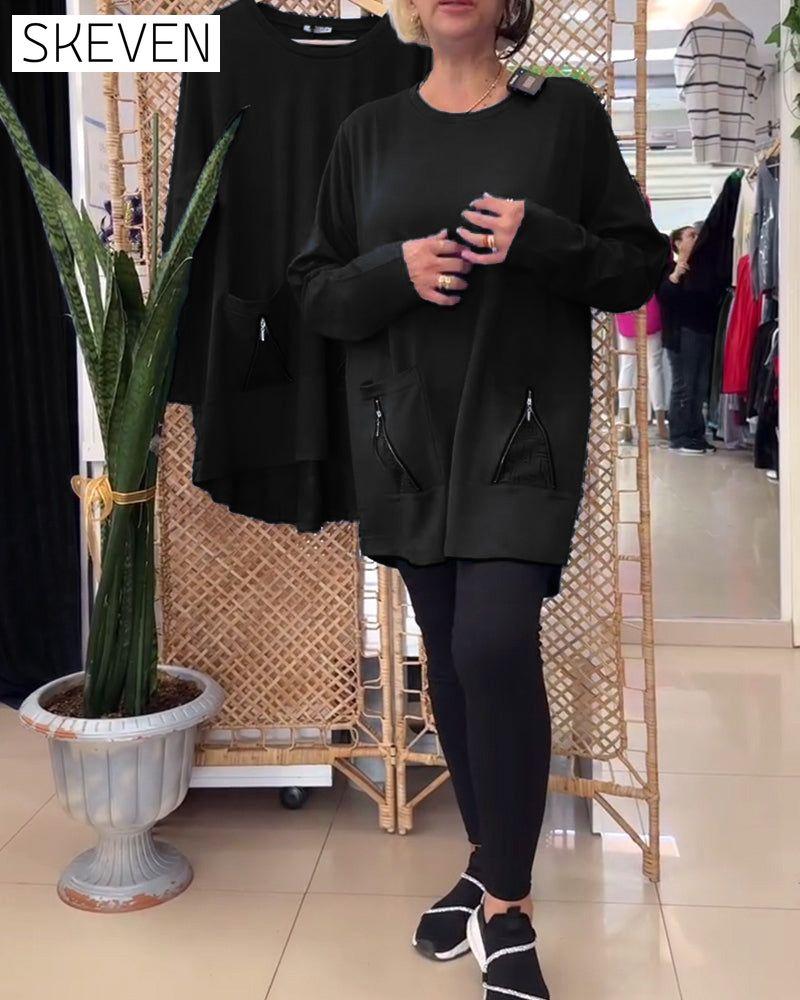Round Neck Solid Color Zipper Pocket Sweatshirt